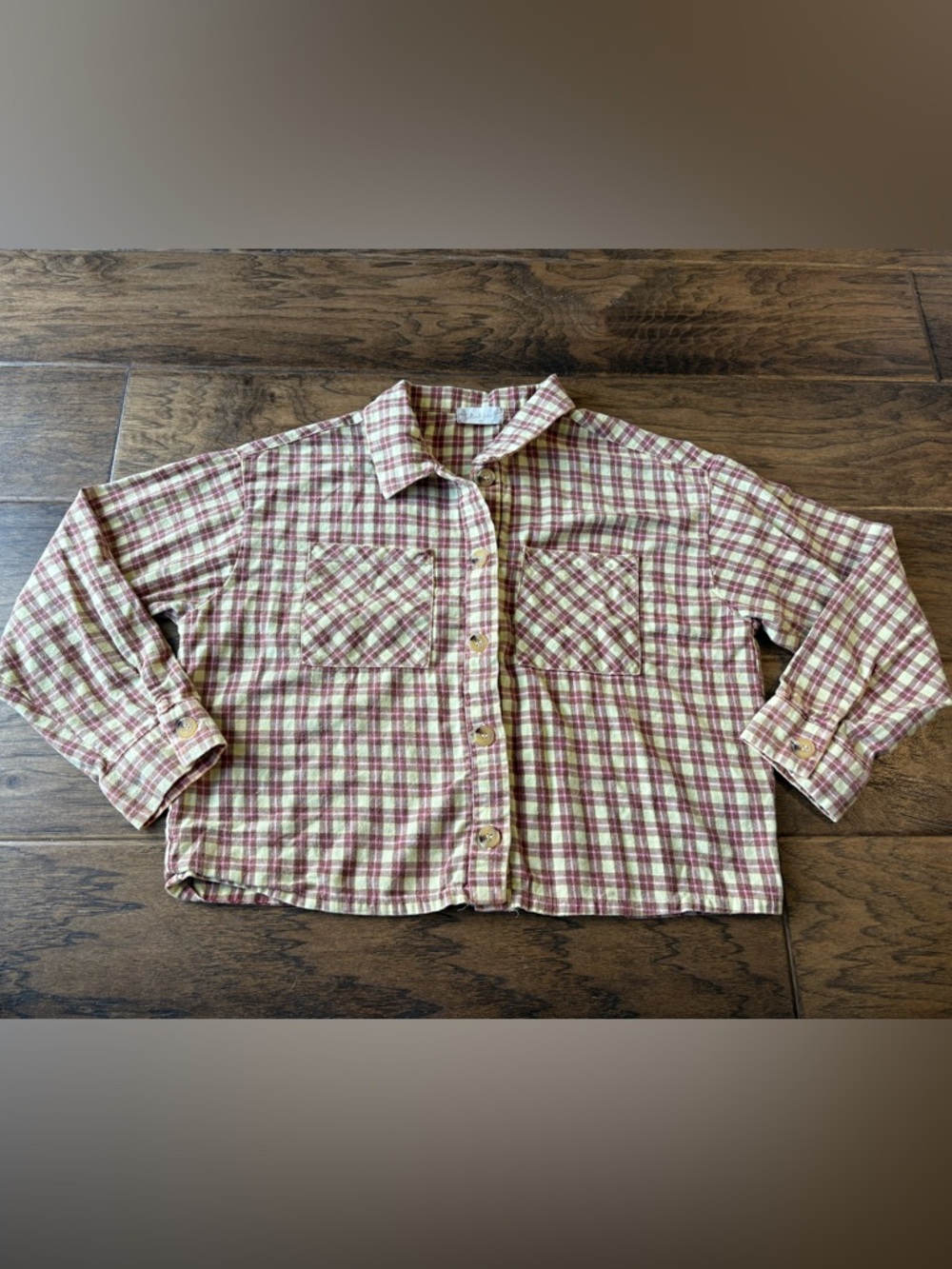 Altar'd State Light Yellow, Pink and Burgundy Plaid Cropped Button-Down